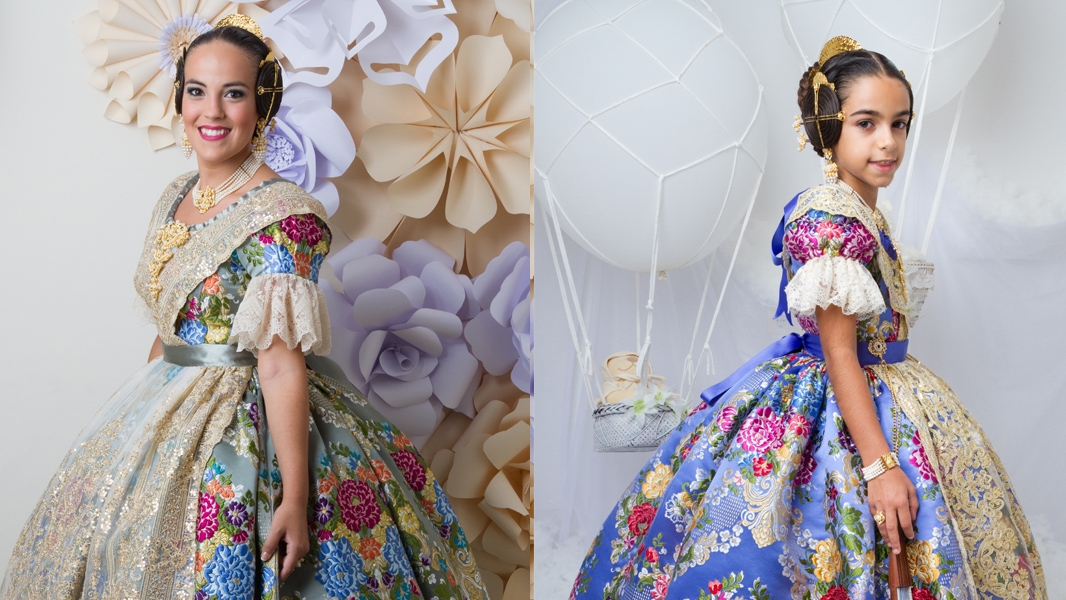 Melani Ivars Rojas and Carla Vinaroz Giménez, Falleras Mayores de Denia 2018, wearing Vives y Marí fabrics in their exaltation.
